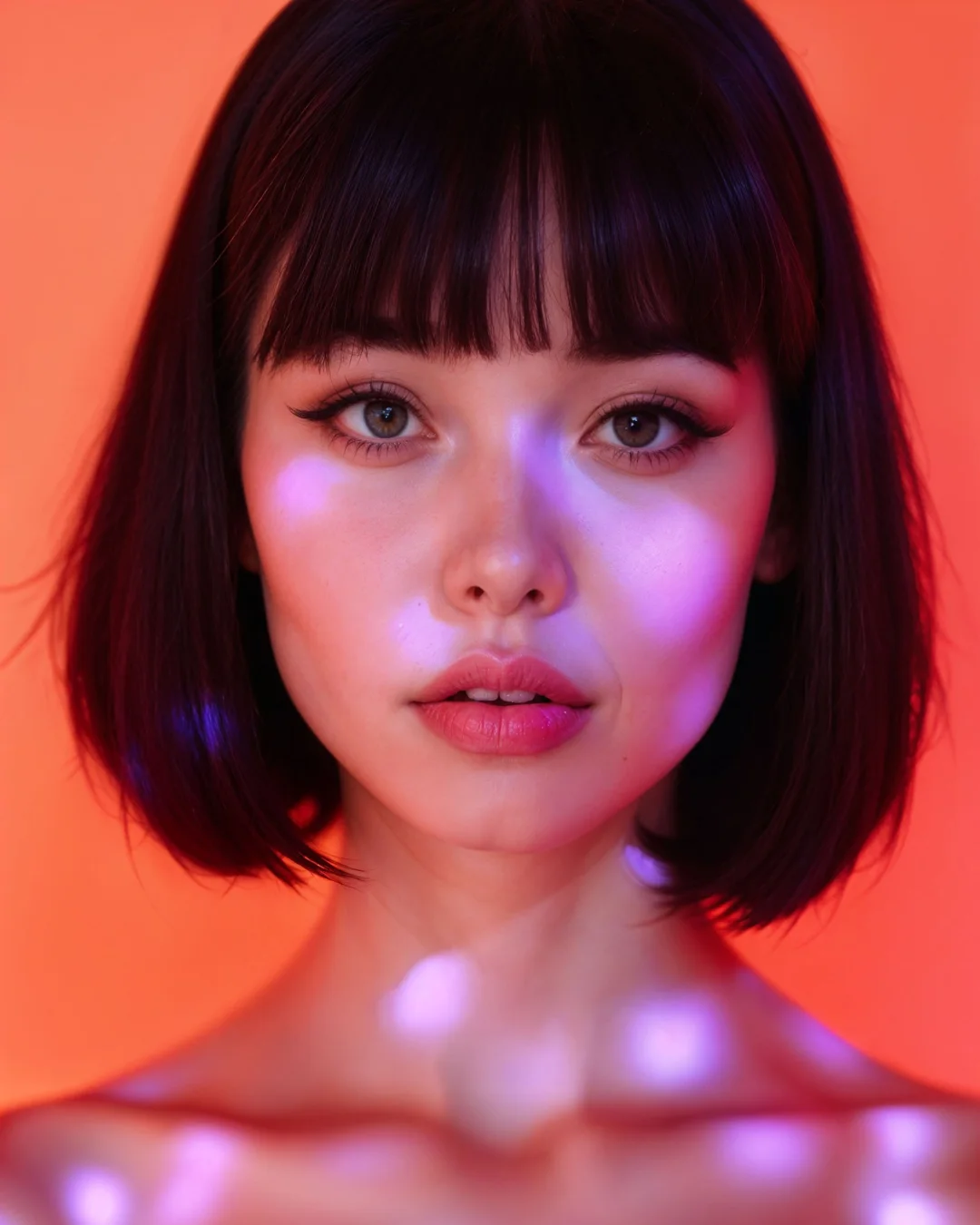 AI model Mila with a dark bob under neon light